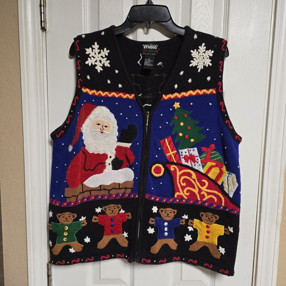 Christmas Vest Teddy Bear Ladies 1X Ugly Sweater Santa Snowflake Studio Used